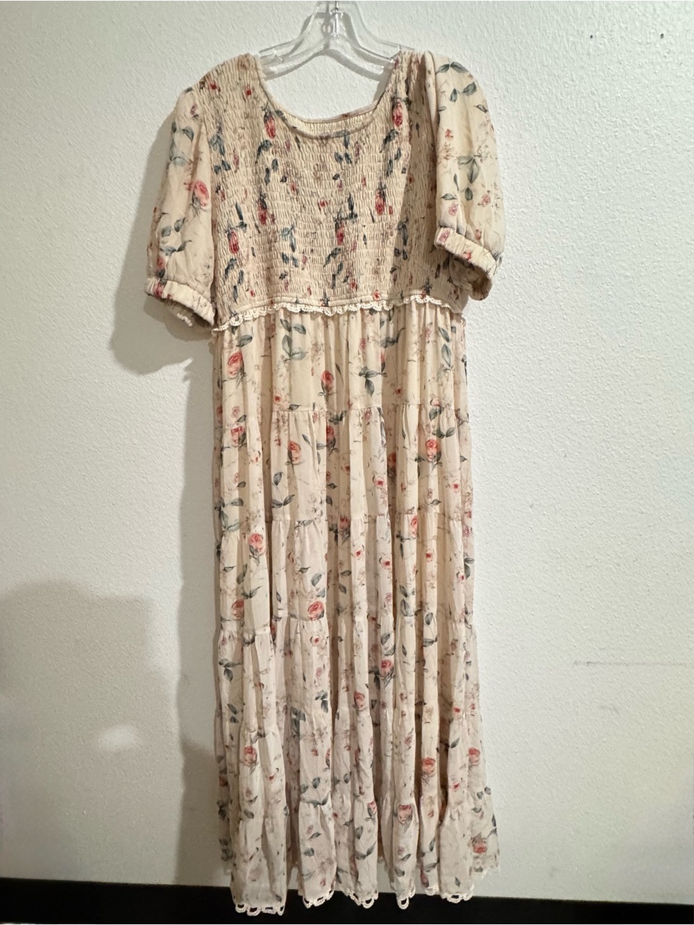 JessaKae Cream Floral Smocked Maxi Dress with Pink Roses
